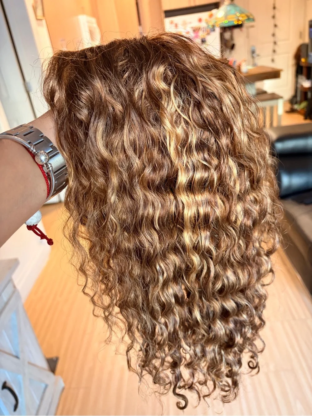 💯 human hair Curly Human Hair Wig - Golden Brown Highlights